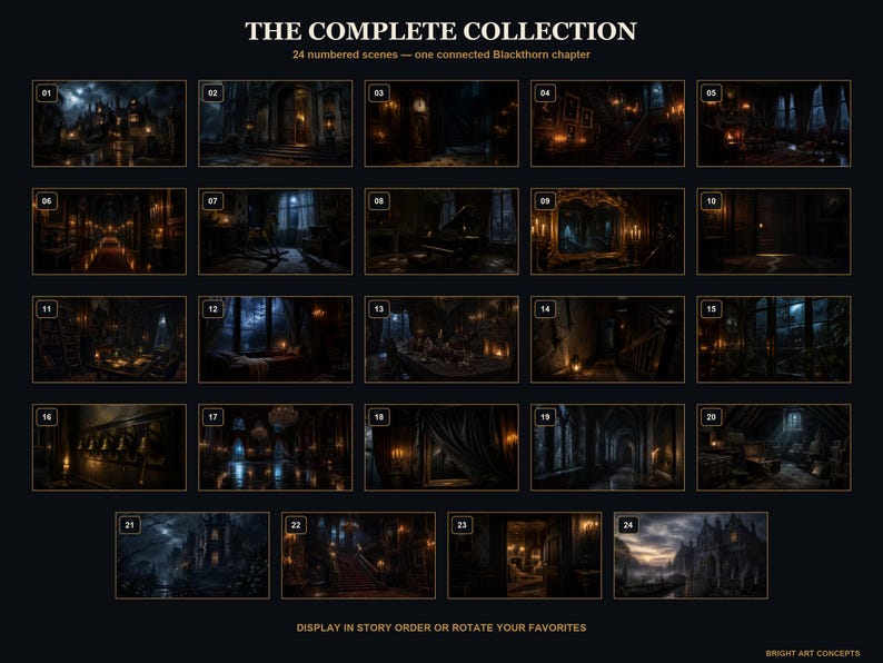 May include: A collection of 24 numbered dark, atmospheric scenes titled THE COMPLETE COLLECTION, featuring a connected Blackthorn chapter. Each rectangular image displays interior and exterior architectural details in a moody, low-light aesthetic.