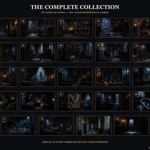 May include: A collection of 24 numbered dark, atmospheric interior scenes titled THE COMPLETE COLLECTION, 24 numbered scenes &mdash; one connected Blackthorn chapter, featuring various rooms with dim lighting, shadows, and furniture, displayed in a grid.