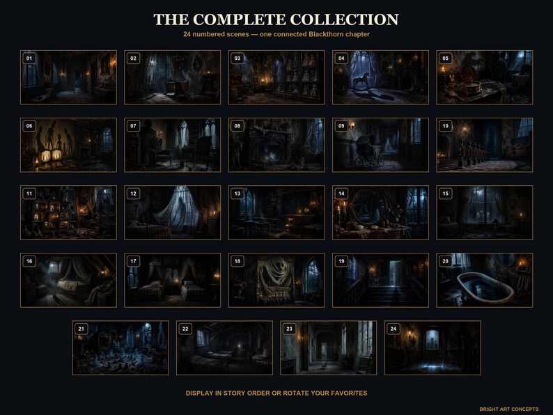 May include: A collection of 24 numbered dark, atmospheric interior scenes titled THE COMPLETE COLLECTION, 24 numbered scenes &mdash; one connected Blackthorn chapter, featuring various rooms with dim lighting, shadows, and furniture, displayed in a grid.