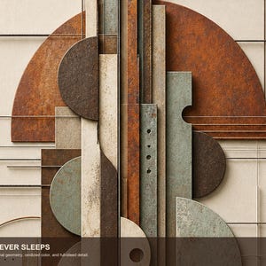 May include: A wall art piece featuring layered geometric shapes in oxidized rust, brown, and muted blue-grey tones. The composition includes circles, semi-circles, and vertical bars with thin metal lines. Text at the bottom reads: RUST NEVER SLEEPS.