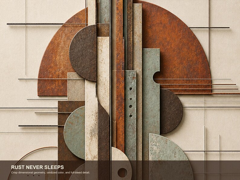 May include: A wall art piece featuring layered geometric shapes in oxidized rust, brown, and muted blue-grey tones. The composition includes circles, semi-circles, and vertical bars with thin metal lines. Text at the bottom reads: RUST NEVER SLEEPS.