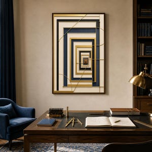 May include: A rectangular wall art piece featuring a series of nested, concentric frames in shades of cream, navy blue, and metallic gold. The composition creates a deep, tunnel-like perspective effect with thin, intersecting gold lines.