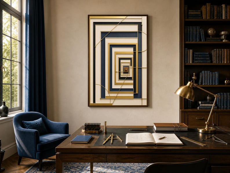 May include: A rectangular wall art piece featuring a series of nested, concentric frames in shades of cream, navy blue, and metallic gold. The composition creates a deep, tunnel-like perspective effect with thin, intersecting gold lines.
