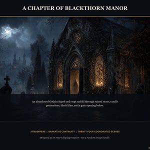 May include: A digital art print titled A CHAPTER OF BLACKTHORN MANOR featuring a dark, ruined stone chapel with glowing windows, surrounded by a graveyard under a stormy sky. Text describes an abandoned Gothic chapel, crypt, and black lilies.