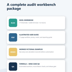 May include: A digital audit workbench package from BRIGHTARTCONCEPTS featuring an Excel workbook with 17 linked tabs, an 11-page illustrated PDF user guide, worked fictional examples for core calculations, and a formula plus edge-case QA section.