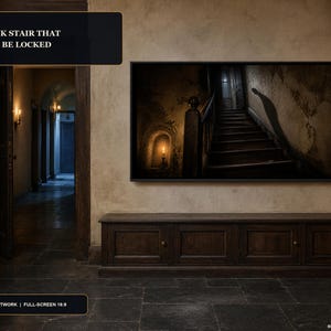 May include: A framed wall art piece titled SCENE 03 THE BACK STAIR THAT SHOULD BE LOCKED, depicting a dark wooden staircase with a single candle in a wall niche and a long shadow cast on the wall, mounted above a long, dark brown wooden cabinet.