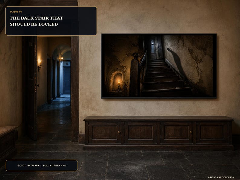 May include: A framed wall art piece titled SCENE 03 THE BACK STAIR THAT SHOULD BE LOCKED, depicting a dark wooden staircase with a single candle in a wall niche and a long shadow cast on the wall, mounted above a long, dark brown wooden cabinet.