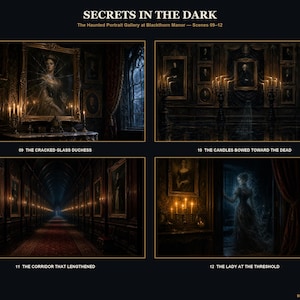 May include: A digital art print titled SECRETS IN THE DARK featuring four scenes from The Haunted Portrait Gallery at Blackthorn Manor. The panels depict a cracked portrait, candles, a long corridor, and a ghostly figure in a doorway with text.