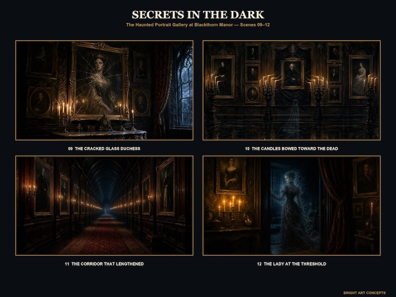 May include: A digital art print titled SECRETS IN THE DARK featuring four scenes from The Haunted Portrait Gallery at Blackthorn Manor. The panels depict a cracked portrait, candles, a long corridor, and a ghostly figure in a doorway with text.