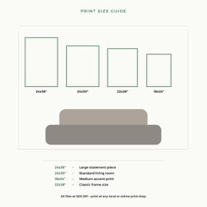 May include: A print size guide featuring four rectangular outlines labeled 24x36", 24x30", 22x28", and 18x24" above a sofa icon. Text lists sizes with descriptions: 24x36" large statement piece, 24x30" standard living room, 18x24" medium accent print, 22x28" classic frame size. All files at 300 DPI.