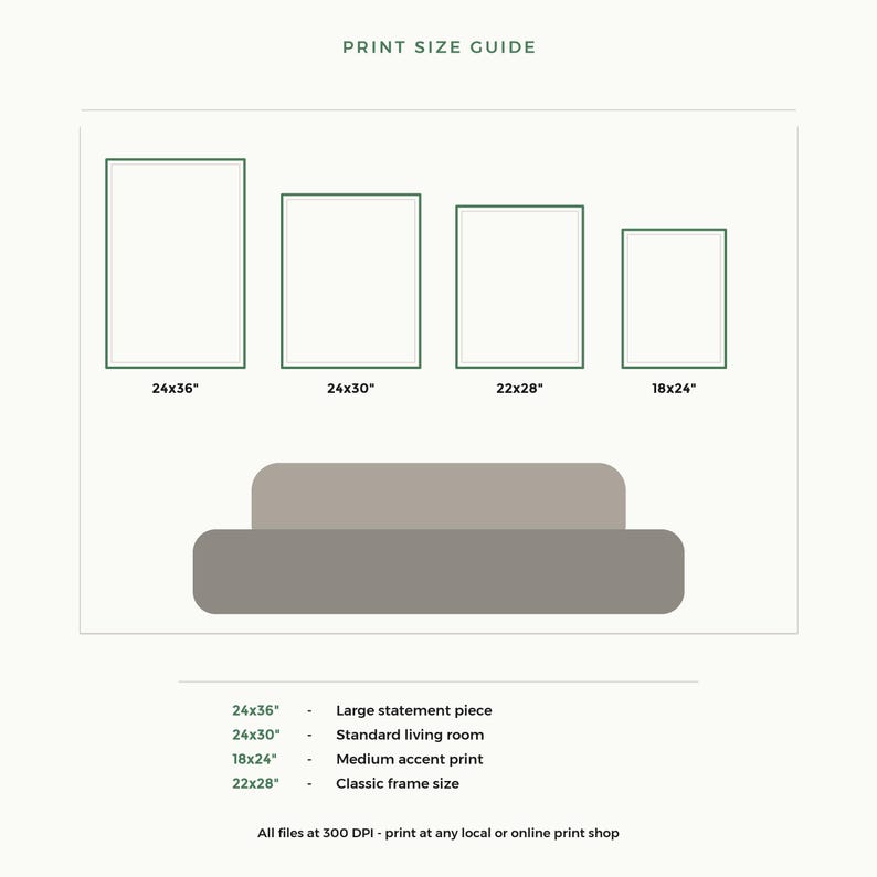 May include: A print size guide featuring four rectangular outlines labeled 24x36", 24x30", 22x28", and 18x24" above a sofa icon. Text lists sizes with descriptions: 24x36" large statement piece, 24x30" standard living room, 18x24" medium accent print, 22x28" classic frame size. All files at 300 DPI.