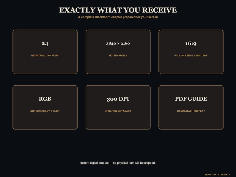 May include: A digital product information graphic with a black background and gold text. It lists specifications including 24 individual JPG files, 3840 x 2160 4K UHD pixels, 16:9 full-screen landscape, RGB screen-ready color, 300 DPI, and a PDF guide.