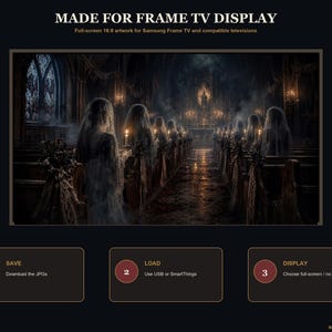 May include: Digital artwork for Samsung Frame TV featuring a dark, atmospheric church interior with rows of ghostly figures in white veils sitting in wooden pews. The scene includes warm candlelight, gothic architecture, and the text MADE FOR FRAME TV DISPLAY.