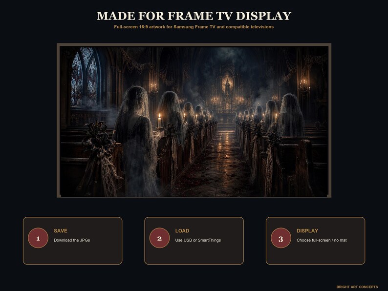 May include: Digital artwork for Samsung Frame TV featuring a dark, atmospheric church interior with rows of ghostly figures in white veils sitting in wooden pews. The scene includes warm candlelight, gothic architecture, and the text MADE FOR FRAME TV DISPLAY.