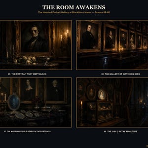 May include: A digital art collection titled THE ROOM AWAKENS, The Haunted Portrait Gallery at Blackthorn Manor, featuring four dark scenes: 05 THE PORTRAIT THAT WEPT BLACK, 06 THE GALLERY OF WATCHING EYES, 07 THE MOURNING TABLE BENEATH THE PORTRAITS, and 08 THE CHILD IN THE MINIATURE.
