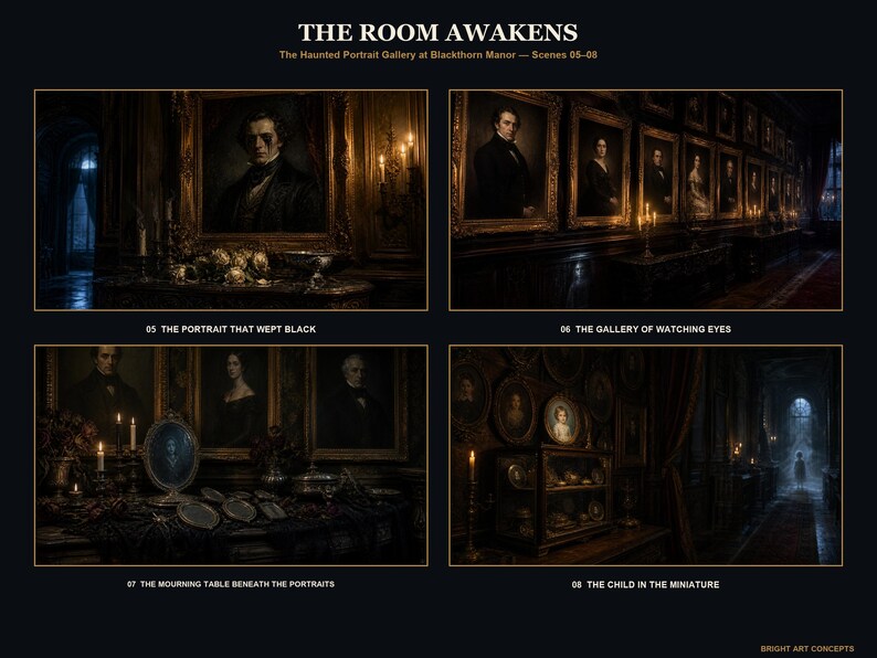 May include: A digital art collection titled THE ROOM AWAKENS, The Haunted Portrait Gallery at Blackthorn Manor, featuring four dark scenes: 05 THE PORTRAIT THAT WEPT BLACK, 06 THE GALLERY OF WATCHING EYES, 07 THE MOURNING TABLE BENEATH THE PORTRAITS, and 08 THE CHILD IN THE MINIATURE.