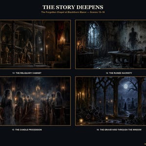 May include: A collection of four dark, atmospheric digital illustrations titled THE STORY DEEPENS: The Forgotten Chapel at Blackthorn Manor, featuring scenes 13-16: The Reliquary Cabinet, The Ruined Sacristy, The Candle Procession, and The Graveyard Through the Window.