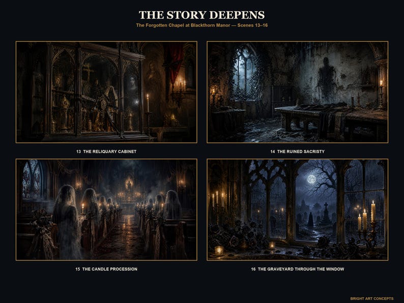 May include: A collection of four dark, atmospheric digital illustrations titled THE STORY DEEPENS: The Forgotten Chapel at Blackthorn Manor, featuring scenes 13-16: The Reliquary Cabinet, The Ruined Sacristy, The Candle Procession, and The Graveyard Through the Window.