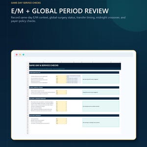 May include: A digital spreadsheet template titled E/M + GLOBAL PERIOD REVIEW for medical documentation. The interface features sections for same-day service checks, global surgical period, included services, and teaching and midnight status.