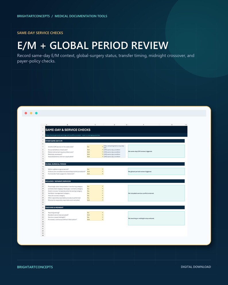 May include: A digital spreadsheet template titled E/M + GLOBAL PERIOD REVIEW for medical documentation. The interface features sections for same-day service checks, global surgical period, included services, and teaching and midnight status.