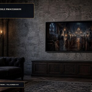 May include: A rectangular wall-mounted television displaying a dark, atmospheric scene titled THE CANDLE PROCESSION, featuring figures in white robes holding candles in a stone hall. The screen is positioned above a dark wooden media console.