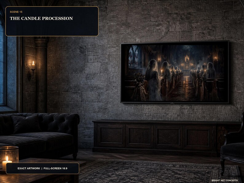May include: A rectangular wall-mounted television displaying a dark, atmospheric scene titled THE CANDLE PROCESSION, featuring figures in white robes holding candles in a stone hall. The screen is positioned above a dark wooden media console.