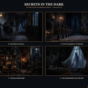 May include: A digital art print titled SECRETS IN THE DARK, The Nursery Wing at Blackthorn Manor, featuring four scenes: 09 THE PRAM IN THE HALL, 10 THE TIN SOLDIERS AT ATTENTION, 11 THE DOLLHOUSE ROOM, and 12 THE FIGURE BEHIND THE CURTAINS.