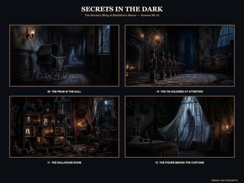 May include: A digital art print titled SECRETS IN THE DARK, The Nursery Wing at Blackthorn Manor, featuring four scenes: 09 THE PRAM IN THE HALL, 10 THE TIN SOLDIERS AT ATTENTION, 11 THE DOLLHOUSE ROOM, and 12 THE FIGURE BEHIND THE CURTAINS.