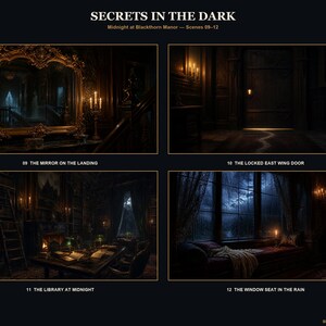 May include: A digital art print titled SECRETS IN THE DARK featuring four scenes from Blackthorn Manor: a mirror on a landing, a locked east wing door, a library at midnight, and a window seat in the rain, all labeled with text and numbers.