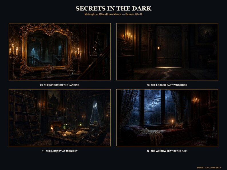 May include: A digital art print titled SECRETS IN THE DARK featuring four scenes from Blackthorn Manor: a mirror on a landing, a locked east wing door, a library at midnight, and a window seat in the rain, all labeled with text and numbers.