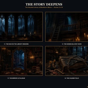 May include: A digital art print titled THE STORY DEEPENS featuring four scenes from The Haunted Library at Blackthorn Manor: The Rain on the Library Windows, The Hidden Balcony Door, The Mirror Catalogue, and The Chained Folio, all in dark tones.
