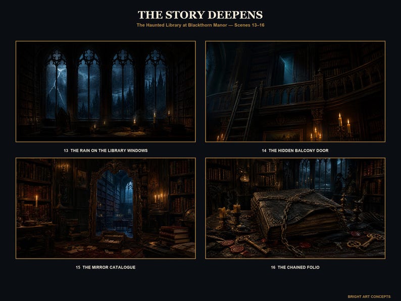 May include: A digital art print titled THE STORY DEEPENS featuring four scenes from The Haunted Library at Blackthorn Manor: The Rain on the Library Windows, The Hidden Balcony Door, The Mirror Catalogue, and The Chained Folio, all in dark tones.