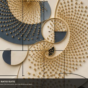 May include: A wall art piece titled GOLDEN RATIO SUITE featuring a Fibonacci phyllotaxis pattern with numerous small brass points arranged in spirals on cream and dark gray circular panels, accented by thin black lines and gold metal framing.