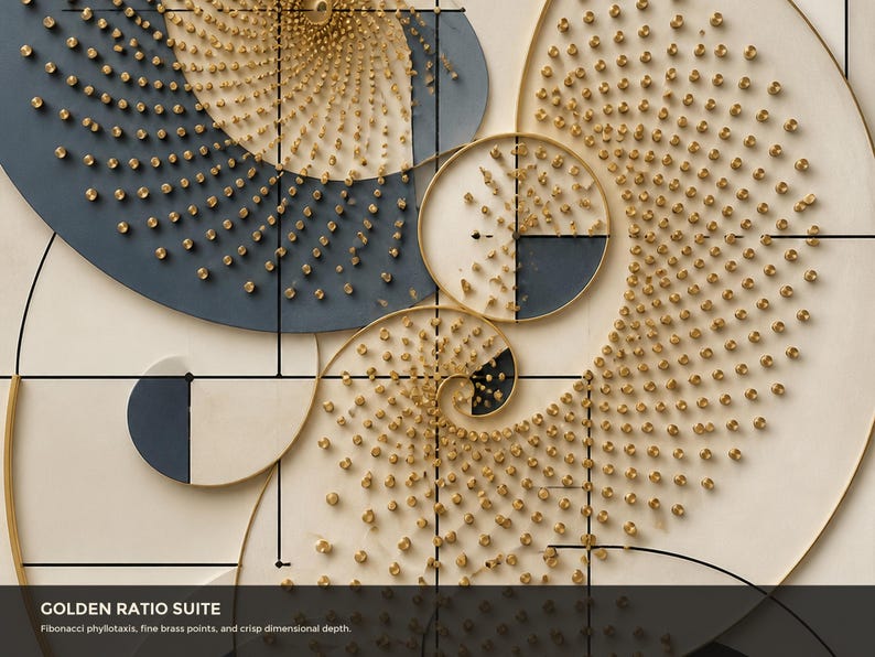 May include: A wall art piece titled GOLDEN RATIO SUITE featuring a Fibonacci phyllotaxis pattern with numerous small brass points arranged in spirals on cream and dark gray circular panels, accented by thin black lines and gold metal framing.