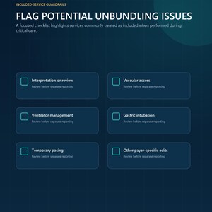 May include: A dark blue medical documentation checklist titled FLAG POTENTIAL UNBUNDLING ISSUES. It lists six categories: Interpretation or review, Vascular access, Ventilator management, Gastric intubation, Temporary pacing, and Other payer-specific edits.