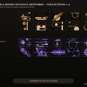 May include: A digital display showing 100 Dark & Moody Bauhaus Artworks collections 1-2. The image features 20 rectangular thumbnails arranged in two rows, with black and gold designs on top and purple and black geometric patterns on the bottom.