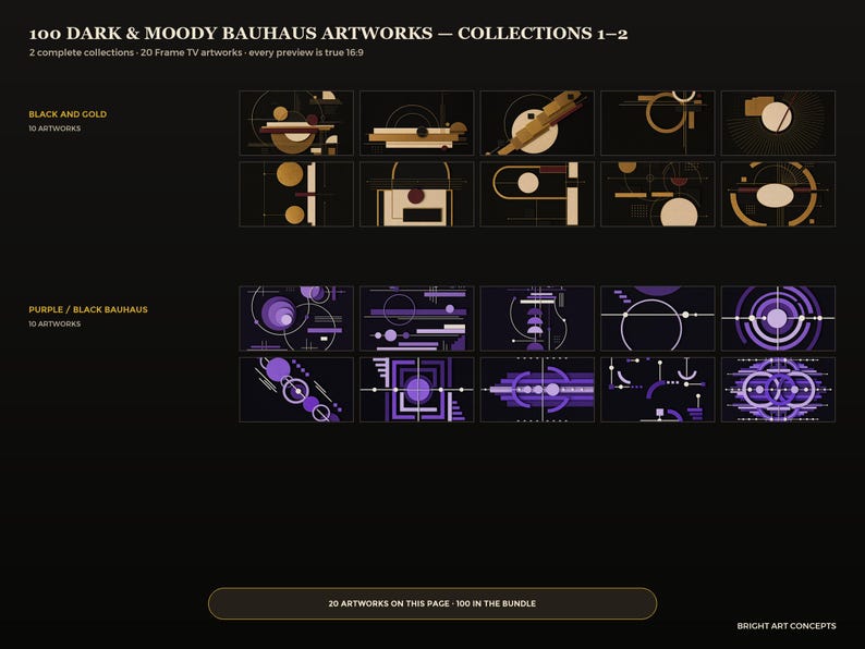 May include: A digital display showing 100 Dark & Moody Bauhaus Artworks collections 1-2. The image features 20 rectangular thumbnails arranged in two rows, with black and gold designs on top and purple and black geometric patterns on the bottom.