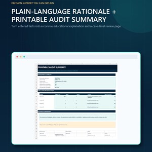 May include: A digital document titled Printable Audit Summary featuring sections for Encounter & Eligibility, Time & Code Reconciliation, and Rationale & Warnings. The layout includes tables with data rows, columns, and text on a dark blue background.