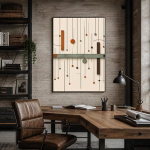May include: A rectangular wall art piece featuring a cream background with vertical black lines, orange and brown rectangular blocks, and small orange and grey circular accents. A horizontal grey textured bar crosses the center of the composition.