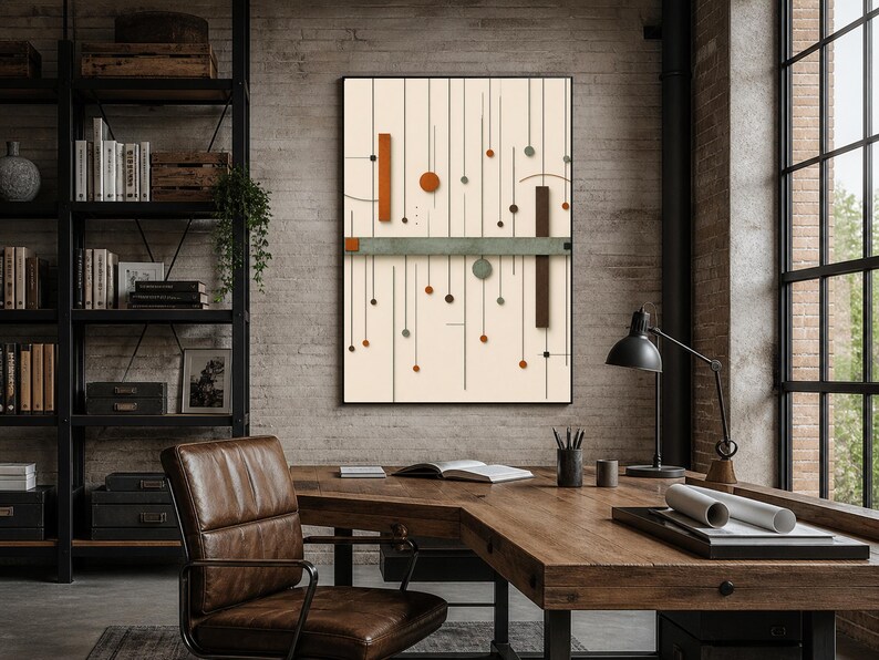 May include: A rectangular wall art piece featuring a cream background with vertical black lines, orange and brown rectangular blocks, and small orange and grey circular accents. A horizontal grey textured bar crosses the center of the composition.