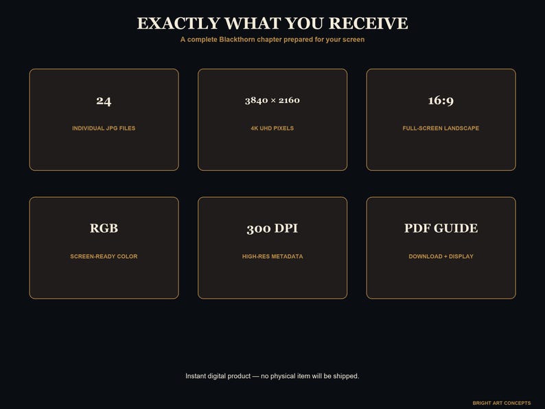 May include: A digital product information graphic with a black background and gold text. It lists specifications including 24 individual JPG files, 3840 x 2160 4K UHD pixels, 16:9 full-screen landscape, RGB screen-ready color, 300 DPI, and a PDF guide.