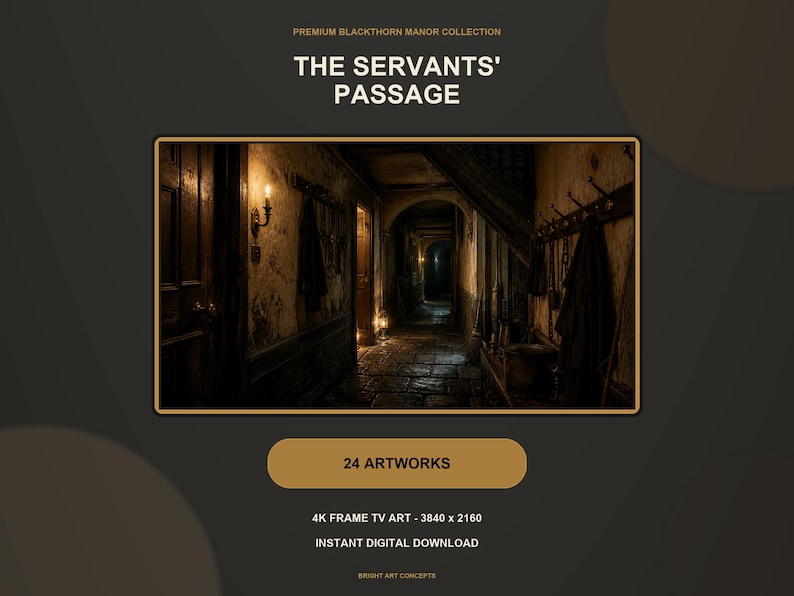 May include: A digital art listing titled PREMIUM BLACKTHORN MANOR COLLECTION THE SERVANTS' PASSAGE. It features a dark, narrow hallway with stone floors, wall-mounted coat racks, and warm lighting. Includes 24 artworks, 4K frame TV art 3840 x 2160, and instant digital download.