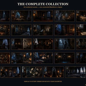 May include: A collection of 24 numbered dark, atmospheric interior scenes titled THE COMPLETE COLLECTION, 24 numbered scenes &mdash; one connected Blackthorn chapter. The grid displays various rooms with dim lighting, candles, and furniture on a black background.
