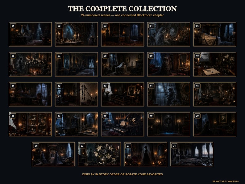 May include: A collection of 24 numbered dark, atmospheric interior scenes titled THE COMPLETE COLLECTION, 24 numbered scenes &mdash; one connected Blackthorn chapter. The grid displays various rooms with dim lighting, candles, and furniture on a black background.