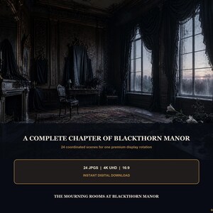 May include: A digital collection titled A COMPLETE CHAPTER OF BLACKTHORN MANOR featuring 24 coordinated scenes. The image displays a dark, ornate room with tall windows, heavy curtains, a fireplace, and a chair. Includes 24 JPGS, 4K UHD, 16:9.