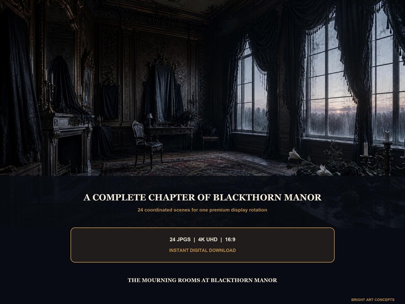 May include: A digital collection titled A COMPLETE CHAPTER OF BLACKTHORN MANOR featuring 24 coordinated scenes. The image displays a dark, ornate room with tall windows, heavy curtains, a fireplace, and a chair. Includes 24 JPGS, 4K UHD, 16:9.