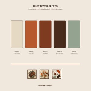 May include: A color palette guide titled RUST NEVER SLEEPS featuring five rectangular swatches in Primer Cream, Fresh Rust, Iron Oxide, Deep Corrosion, and Weathered Zinc with hex codes. Below are three square geometric art prints by BRIGHT ART CONCEPTS.