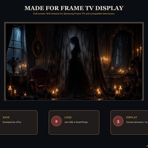 May include: Digital artwork for Samsung Frame TV featuring a dark, moody interior with a silhouette of a person behind sheer curtains, illuminated by numerous candles. Text includes MADE FOR FRAME TV DISPLAY, 1, 2, 3, SAVE, LOAD, and DISPLAY.