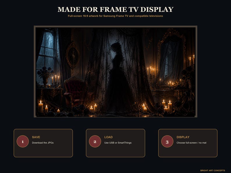 May include: Digital artwork for Samsung Frame TV featuring a dark, moody interior with a silhouette of a person behind sheer curtains, illuminated by numerous candles. Text includes MADE FOR FRAME TV DISPLAY, 1, 2, 3, SAVE, LOAD, and DISPLAY.