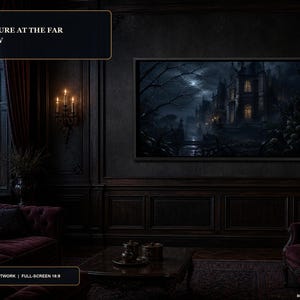 May include: A framed wall art print titled SCENE 21 THE FIGURE AT THE FAR WINDOW, featuring a dark, moonlit landscape with a large, multi-story mansion under a cloudy night sky. The artwork is displayed in a room with dark wood paneling and furniture.